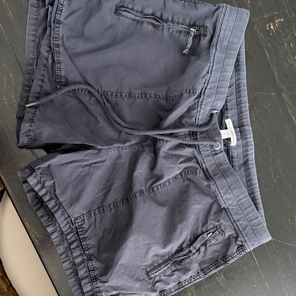 James Perse Navy Athletic Drawstring Shorts with Zipper Pockets